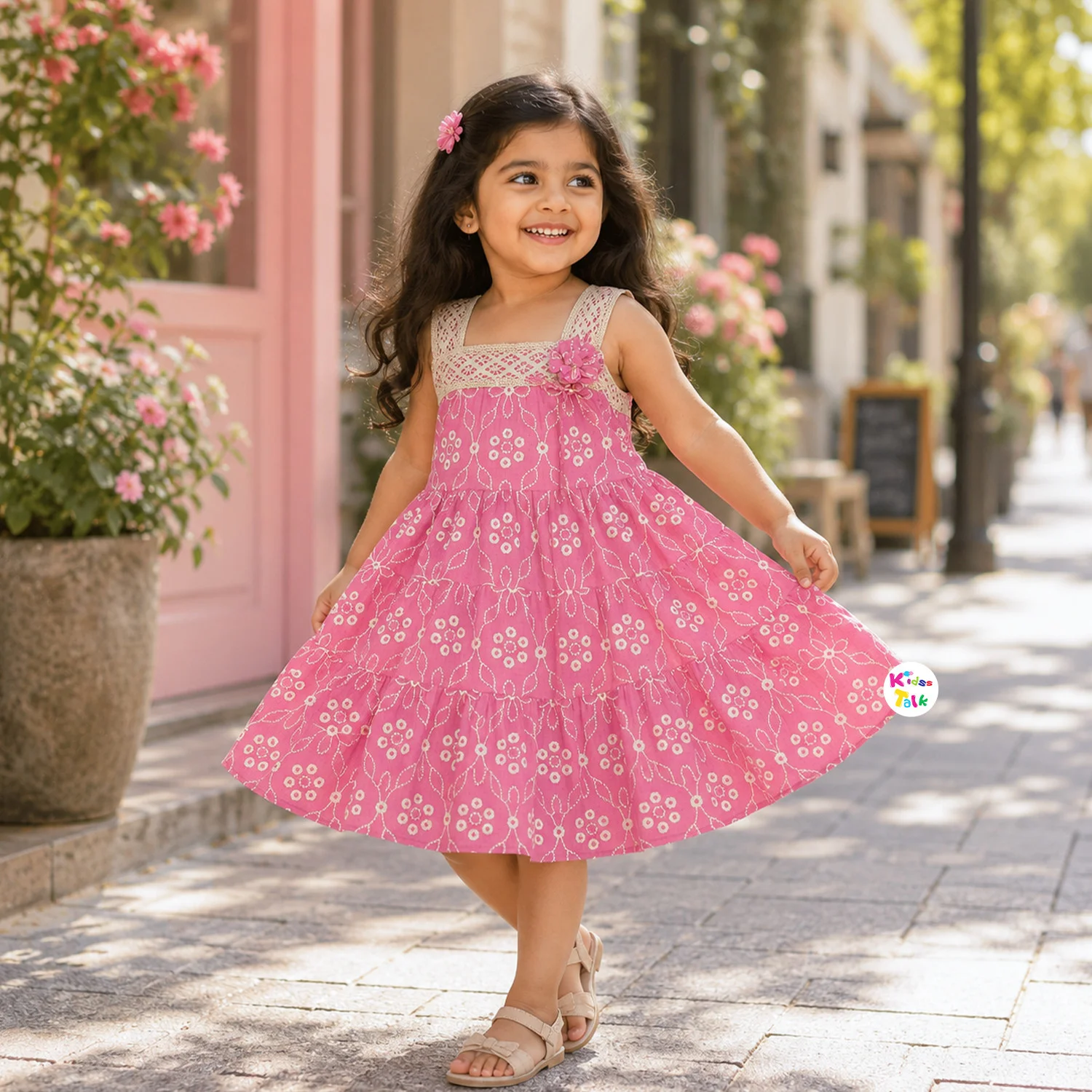 Cotton Sleeveless Frock With Artificial Flower - Baby Pink